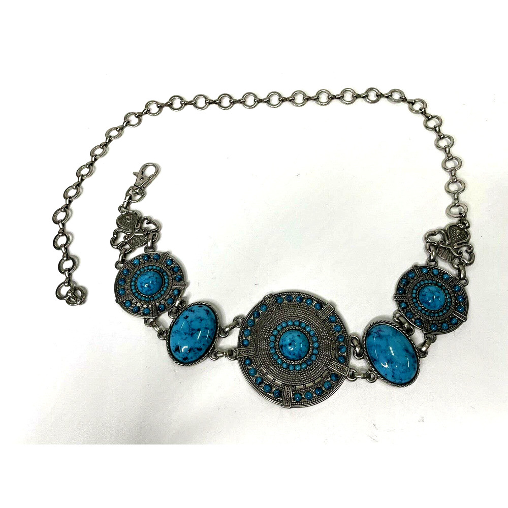 CHICO'S Faux Turquoise Silver Adjustabl Chain Belt